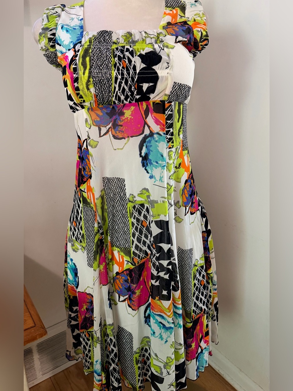 Vintage Concept L Floral Square Neck Puff Sleeve Midi Dress Boho Artsy Indie
